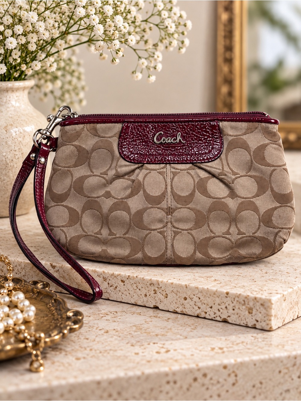 Coach Signature C Mini Wristlet Bag Burgundy Trim Beige Brown Monogram
